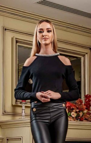 Ефектна дамска блуза рипс с камъни по врата - код 2116