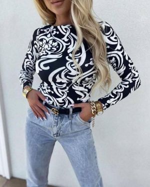 Елегантна блуза в черно с бели мотиви - код 4140